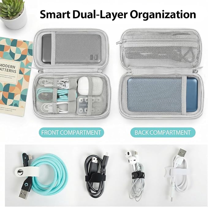 Double Layer Electronics Organizer Tech Pouch for Chargers, Gray | Water-resistant Oxford fabric, 8 compartments for 3ft+ cords and compact 7.87x4.72x1.97in design. Includes 8 cable ties. - Image 3