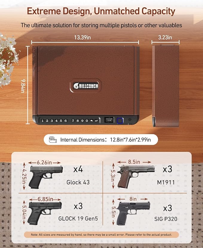 BILLCONCH Smart Gun Safe with Fingerprint, App, Keypad,LCD& Security Cable | Handgun Safe with 4 Quick-Access Methods, Voice Guidance, Built-in LED Light, Ideal for Nightstand, Bedside and Home - Brown - Image 3
