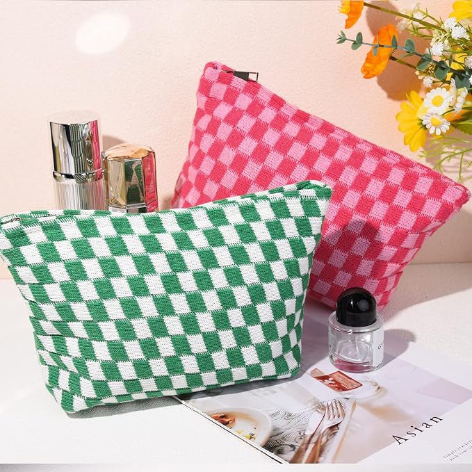 SOIDRAM 2 Pieces Makeup Bag Large Checkered Cosmetic Bag Capacity Canvas Travel Toiletry Bag Organizer Cute Makeup Brushes Aesthetic Accessories Storage Bag for Women, Checkered L Green Rose red - Image 6