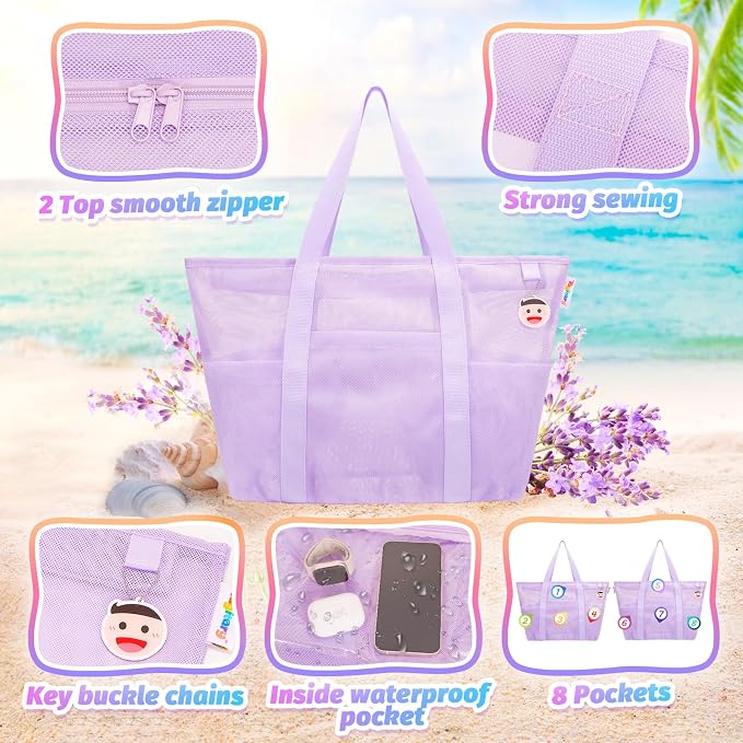 Tagitary Mesh Beach Bag with Zipper Large Beach Tote Waterproof Sandproof with 8 Pockets for Toys Pool Bag Beach Accessories - Image 4