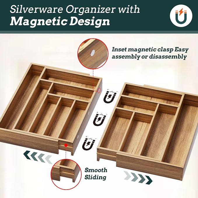 Silverware Organizer Large, Magnetic Connected Expandable 13 Slots Silverware Drawer Organizer From 21 to 37.4 Inches, Adjustable Flatware and Cutlery Holder, Bamboo Utensil Tray for Kitchen Acacia - Image 3