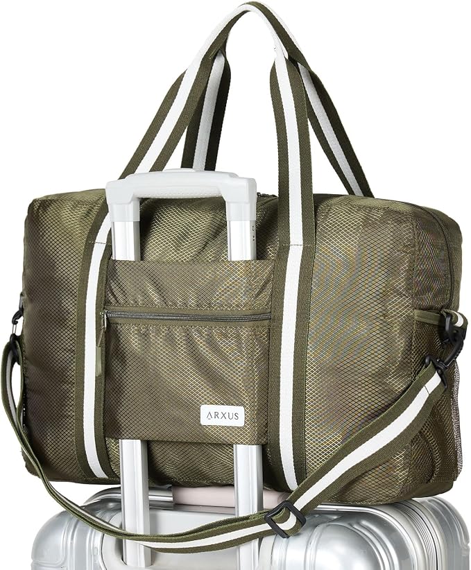 Carry On Travel Bag, Lightweight Foldable Packable Tote Bag 25L | Water Repellent, Expandable Travel Duffle with Luggage Sleeve and Shoulder Strap for Men Women by Arxus