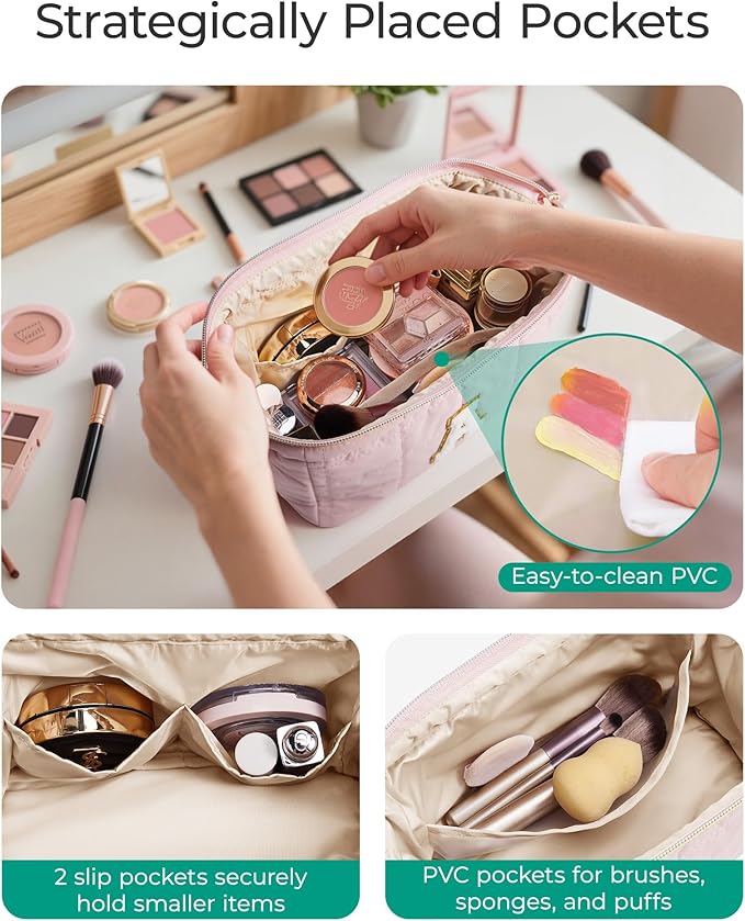 BAGSMART Birthday Gifts Personalized Initial Makeup Bag, Trendy Stuff Gifts for Women Bridesmaid Graduation, Puffy Padded Make Up Bags for Women, Wide-open Toiletry Bag, Pink K - Image 3