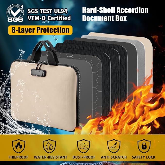 facka Fireproof Document Box with Lock, Hard-Shell Safe File Organizer | 13-Pocket Accordion Folder for Important & Legal Documents, Laptop, Passport, Cards & Valuables, Home Office Travel Beige - Image 3