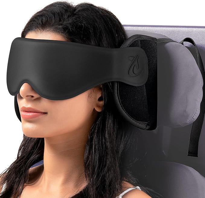 Travel Pillow, Airplane Neck Pillow with 3D Eye Mask for Sleeping | Round Edge Plane Head Strap 360°Headrest Support for Long Flight, Stop Bobblehead, Travel Essential for Car Road Trip Black by Bonairest