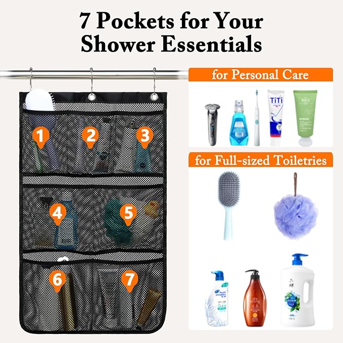 Fammart Mesh Shower Caddy Hanging, Quick-Drying Shower Organizer with 7 Pockets, Portable Bathroom Organizers and Storage for Shampoo, Soap, Loofah, Travel, and Cruise Essentials - Image 2