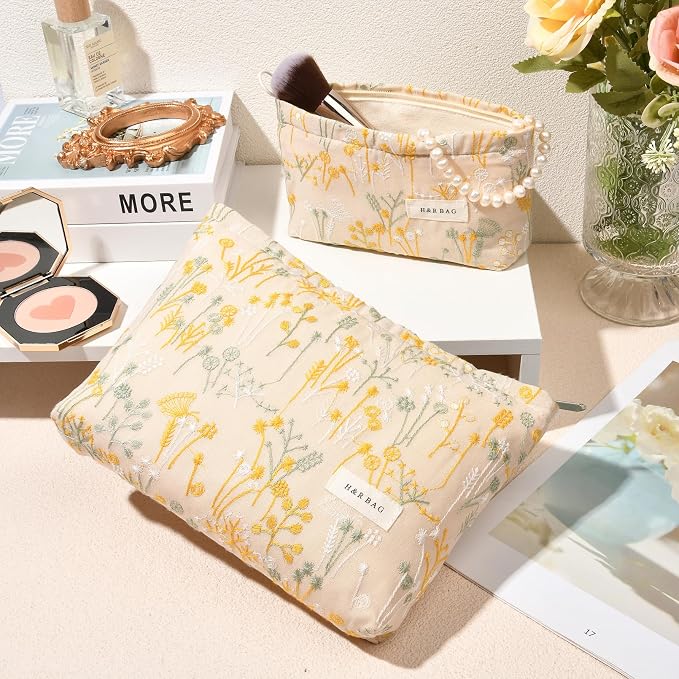 SOIDRAM 2 Pcs Makeup Bag Large Cosmetic Bag Toiletry Bag Makeup Pouch Travel Bag Organizer Cute Makeup Brushes Aesthetic Accessories Storage Bag for Women Wildflower Embroidery - Image 7