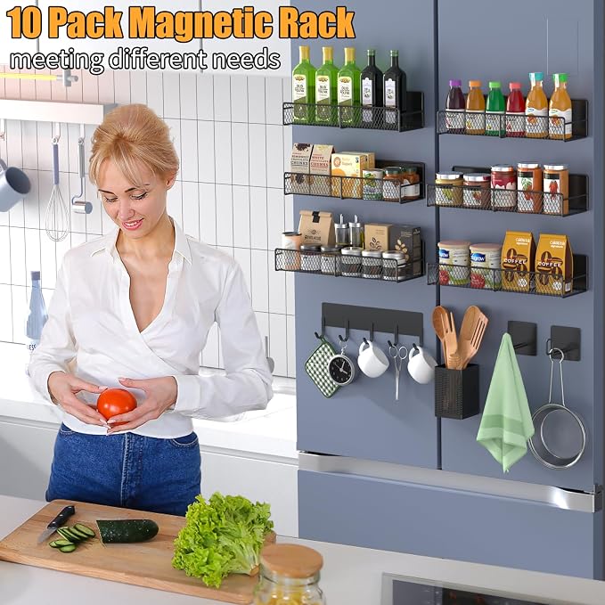 Magnetic Spice Rack for Refrigerator, 10 Pack 100% Metal Strong Magnet Shelf, Moveable Spice Organizer W/ Adjustable Paper Towel Holder, Hook Rack & Utensil Caddy, Home Kitchen Laundry Storage, Black - Image 6