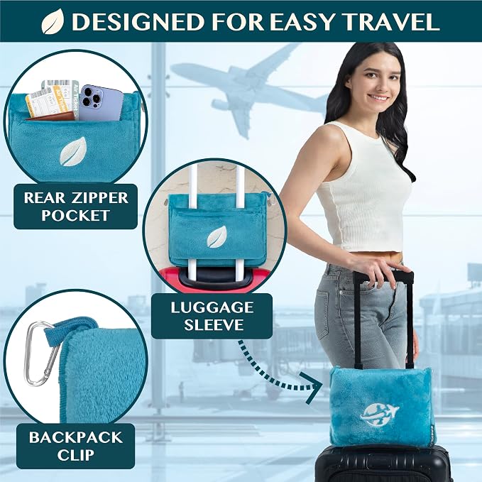 PAVILIA Travel Blanket and Pillow, Arms Opening Airplane Blankets for Adults, Compact Plane Blanket with Arm Hole 2-in-1 Bag for Flight Car Camping Fit in Luggage Backpack Traveler Gift, Teal Blue - Image 4