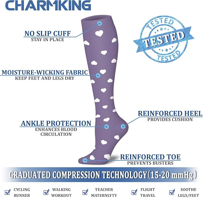 CHARMKING Compression Socks for Women & Men Circulation (8 Pairs) 15-20 mmHg Best Calf Socks Support for Athletic Cycling - Image 4