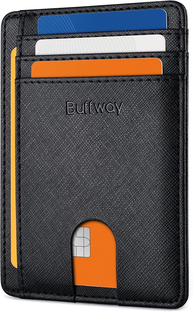 Buffway Slim Minimalist Front Pocket RFID Blocking Leather Wallets for Men and Women - Cross Black by Buffway