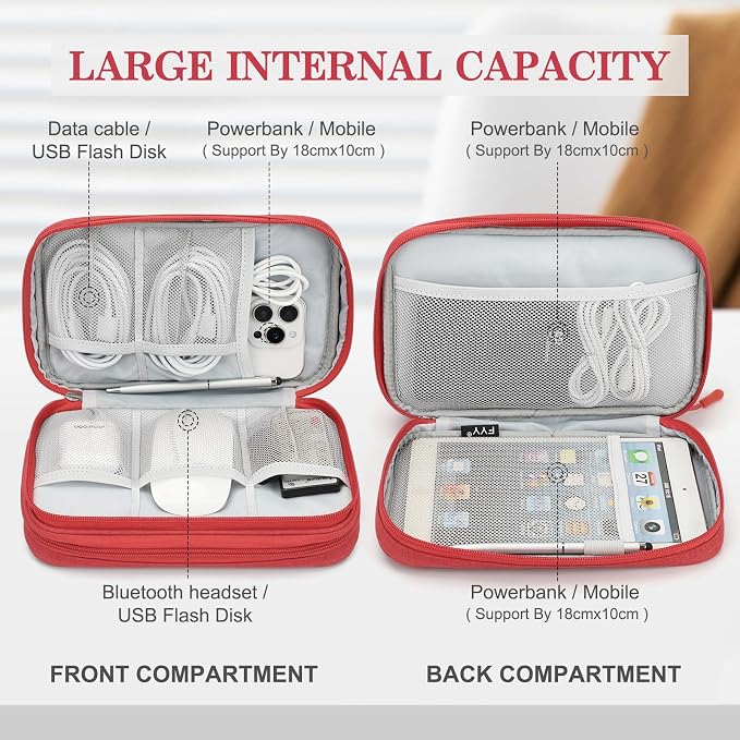 FYY Electronic Organizer, Travel Tech Pouch Bag, Large, Red | Wrist Strap, Waterproof, Double Layers Portable Electronics Travel Carrying Case for Cord, Charger, Daily Business Trips Use - Image 3