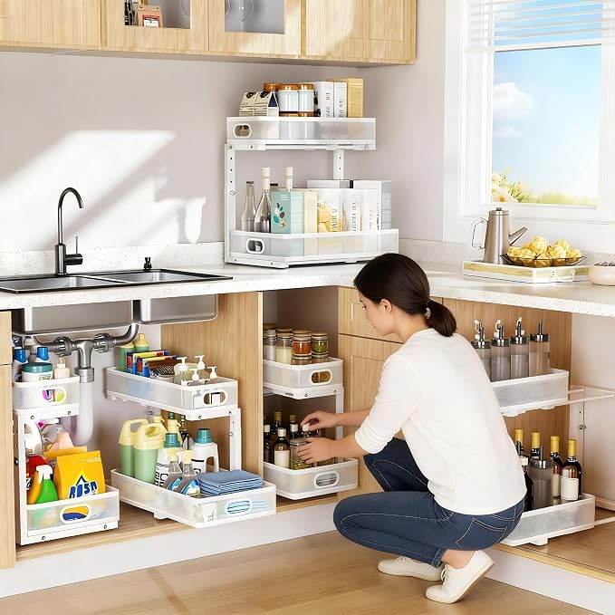 Under Sink Organizer, High Adjustable 2 Tier Under Sink Organizers and Storage, Slide out Metal Cabinet Organizers, Pull out Storage Drawer Shelf for Kitchen Bathroom Cabinet (White-1 pack) - Image 7