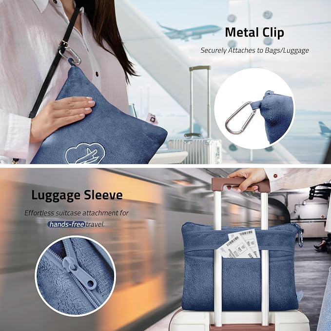 Travel Blanket, Airplane Blanket, Ultra-Soft, Warm & Lightweight, 65x40 in, Outdoor Blanket Essentials for Women, Men & Kids, Included Eye Mask, Luggage Sleeve & Backpack Clip Dusty Blue - Image 4