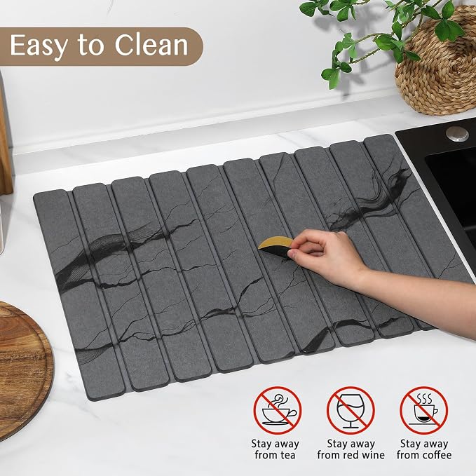 Large Stone Dish Drying Mat for Kitchen Counter, Thin & Light Quick Dry Stone Dishes Mats, Foldable Water Absorbing Diatomite Drying Pad for Kitchen Bathroom Sink Countertop (Gray Ink 24"×16" & 8"x4") - Image 6