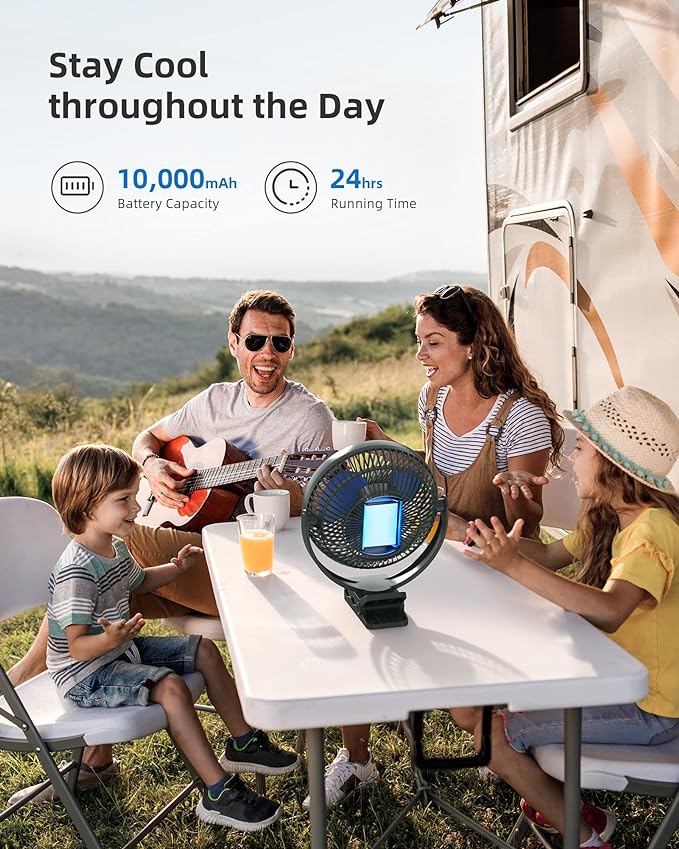 Koonie 8" Clip on Fan, 10000mAh Rechargeable Battery, Strong Airflow | 4 Speeds, Sturdy Clamp, Ideal Portable USB Desk Fan for Office, Golf Cart, Camping, Travel, Tent, Outdoor, Treadmill & Gym - Image 3