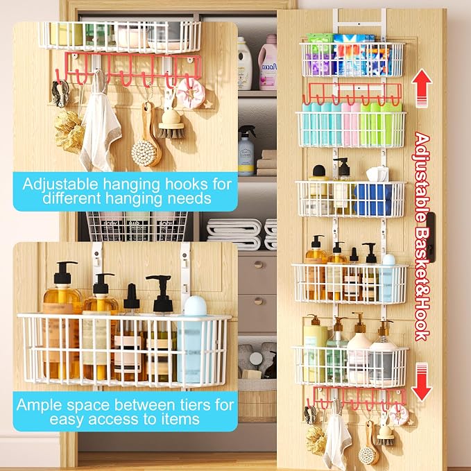 Hongtamoya Over The Door Organizer, Hanging Door Organizer with 5 Metal Baskets, Behind The Door Storage for Pantry Closet Bedroom Bathroom Cabinet Kitchen, White - Image 8