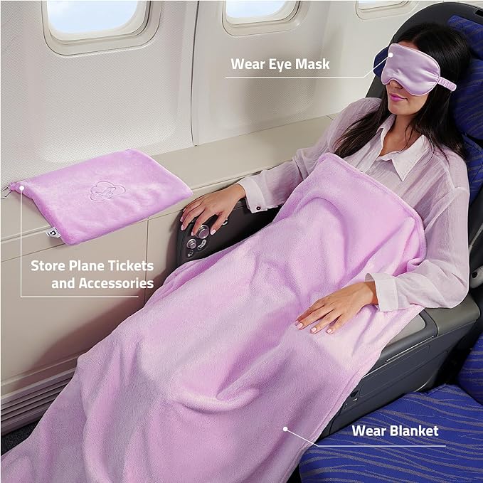 Travel Blanket Pillow,Airplane Blanket Compact with Bag Eye Mask, Ultra-Soft,Warm & Lightweight Included,Travel Essentials for Women & Men, Luggage Sleeve & Backpack Clip 65x40 in,Purple - Image 2