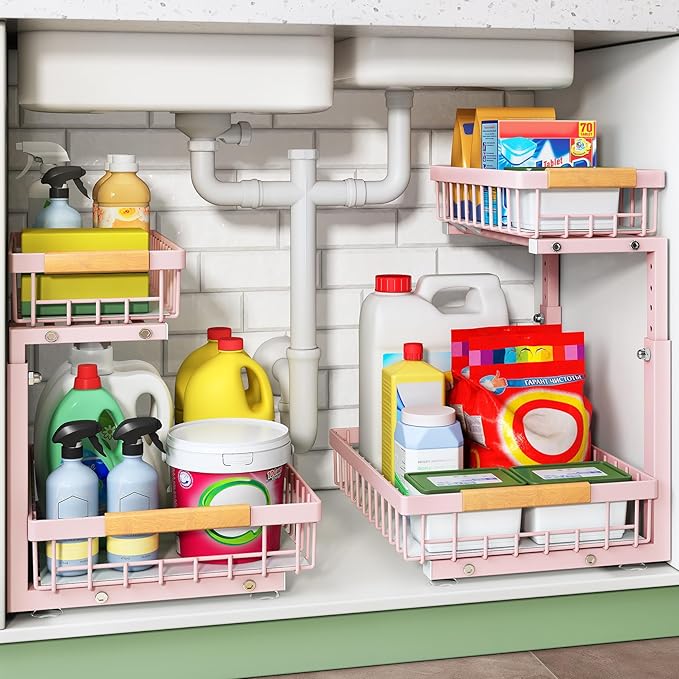 Kitstorack Under Sink Organizer, 2 Tier Under the Sink Storage, Slide out Pull out Cabinet Organizer Shelf, Metal Sliding Drawer for Kitchen Bathroom Pantry Closet Organization Rack, Pink, 2 Pack by Kitstorack