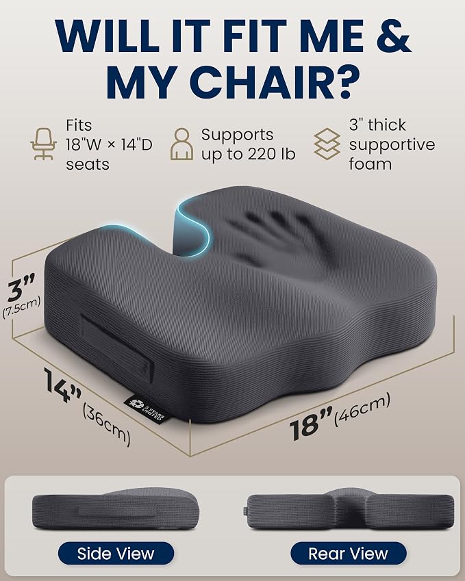 5 STARS UNITED Seat Cushion - Memory Foam Chair Cushion for Tailbone Pain Relief - Ergonomic Support for Coccyx, Sciatica & Butt - Office, Desk & Gaming Chair, Car Seat, Wheelchair, Airplane, D Gray - Image 5