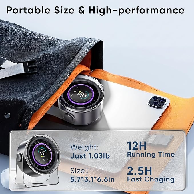 FRONTSUN Portable Desk Fan,Quiet Fan for Bedroom,Portable Fan withTurbo Airflow,Fans with 100 Speeds Digital Display, 360° Tilt,Rechargeable Battery Powered Fan,Small Fan for Home - Image 7