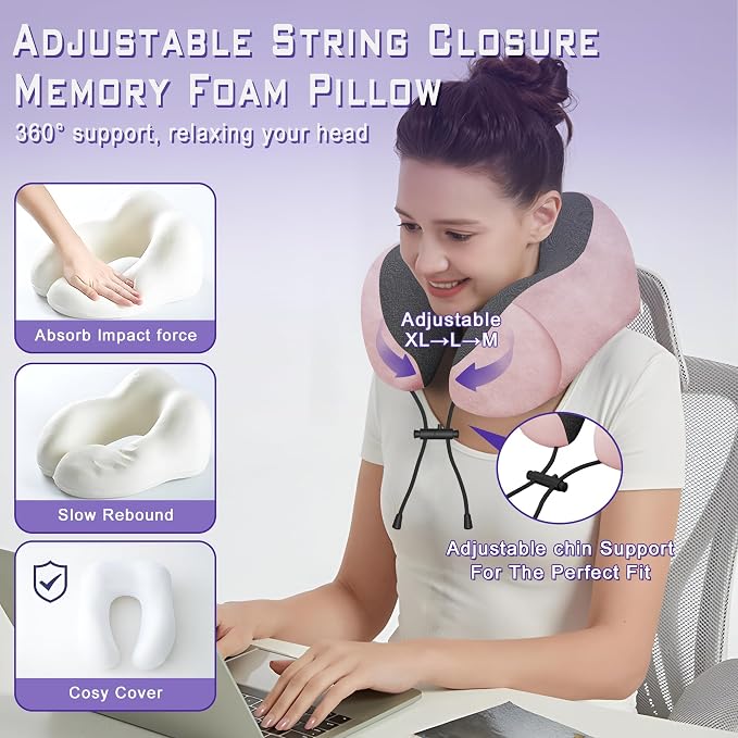 Neck pillow Airplane,Travel Neck Pillows for Airplanes,Traveling,Car,Office | Neck Travel Pillow,Upgraded Memory Foam Pink Neck Pillow, Machine Washable, Adjustable Flight Pillow, Suitable for Sleeping - Image 4