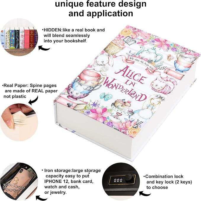 Alice in Wonderland Diversion Safe with Real Pages, Combination Book Safe | Hidden safe box and hollow storage compartment for cash money. Decorative book box stash case for passport savings. - Image 3