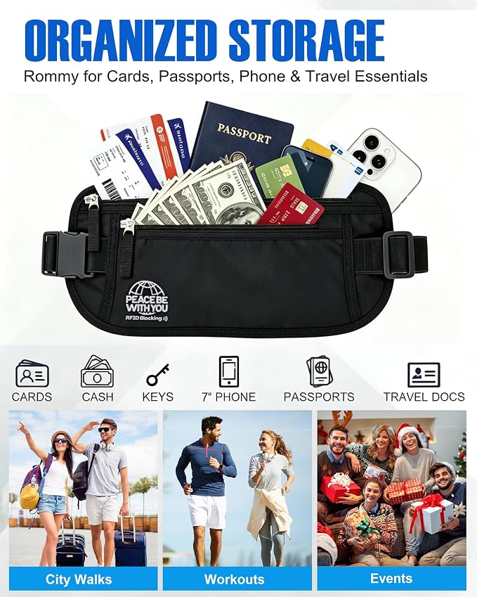Money Belt for Travel, Passport Holder, RFID Blocking, Extender Strap | 3rd Gen Slim Waist Wallet Anti Theft to Protect Cash, Credit Cards and Document Under-Clothes for Men & Women, Black, Bamneat - Image 9