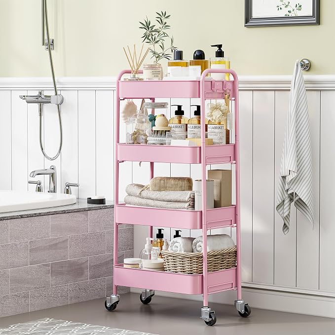 TOOLF 4 Tier Metal Rolling Cart, Utility Storage Cart with Wheels, Pink | Screwless Assembly, Lockable Metal Wheels, Trolley Organizer for Bathroom, Kitchen, Office, Dorm, Laundry, Craft Room - Image 9