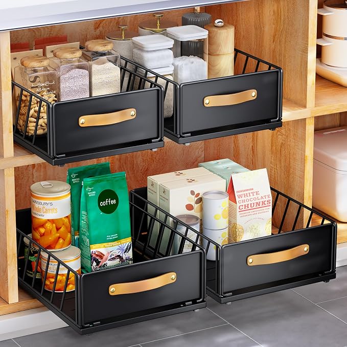 Pull out Cabinet Organizer,Heavy Duty Slide out Pantry Shelves Drawer Storage with Adhesive Nano Film,Sliding Mesh Cabinet Basket with Handle for Kitchen, Bathroom, Home, 11.8"W X 15.7"D X6.2"H,Black by Kitstorack