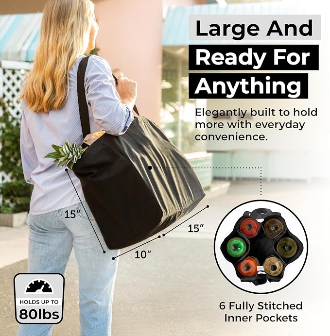VeraMia Canvas Grocery Bag 3pc XL Set with Real Pockets, Long Shoulder Strap and Short Handle. Heavy Duty, Foldable, Washable - Image 2
