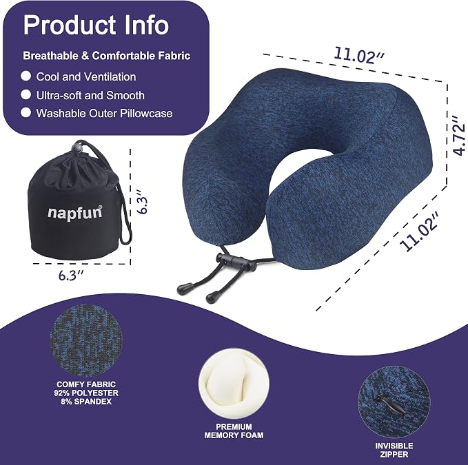 napfun Neck Pillow for Travel, Memory Foam Airplane Pillow, Full Dark Blue | 360° Neck Support, Upgraded 100% Memory Foam for Airplane, Car, Train, Bus, Office Sleep, Travel Essentials for Long Flights - Image 2
