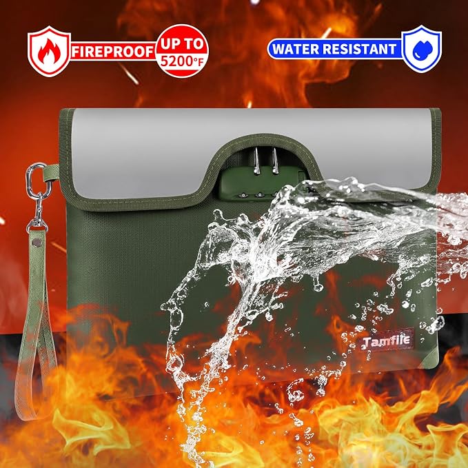 5200°F Fireproof Money Bag with Lock, Water Fireproof Document Bag with Zipper, 8 Layers Fire Insulation, Fireproof Safe Storage Pouch with Lock for Cash, Passport, Certificate(10" x 13", Green) - Image 3