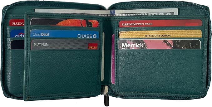 RFID Blocking Bifold Cowhide Leather Wallets For Men With Zipper Security | Safe Metal Zip Chain 9 Card-ID Slim Minimalist Mens Wallet (Forest Green) - Image 3