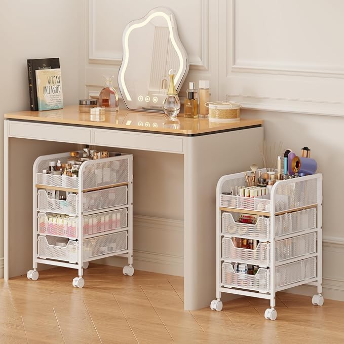 Rolling Makeup Cart Organizer with 3 Drawers, 4-Tier Narrow Floor Skincare Organizers with dividers, Vanity Organizer Cosmetics Display Cases for Makeup Brush, Hair Tool, White by Jakyitvi