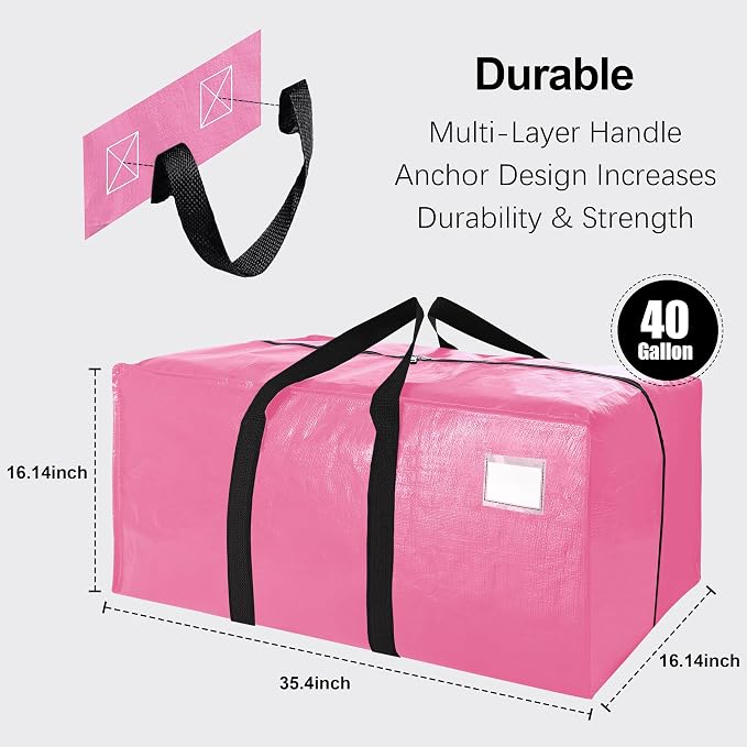 6 Pack Heavy Duty Extra Large Moving Bags W/Backpack Straps - Strong Handles & Zippers, Storage Totes For Space Saving, Fold Flat, Alternative to Box and Bin (40 gal, Pink) - Image 2