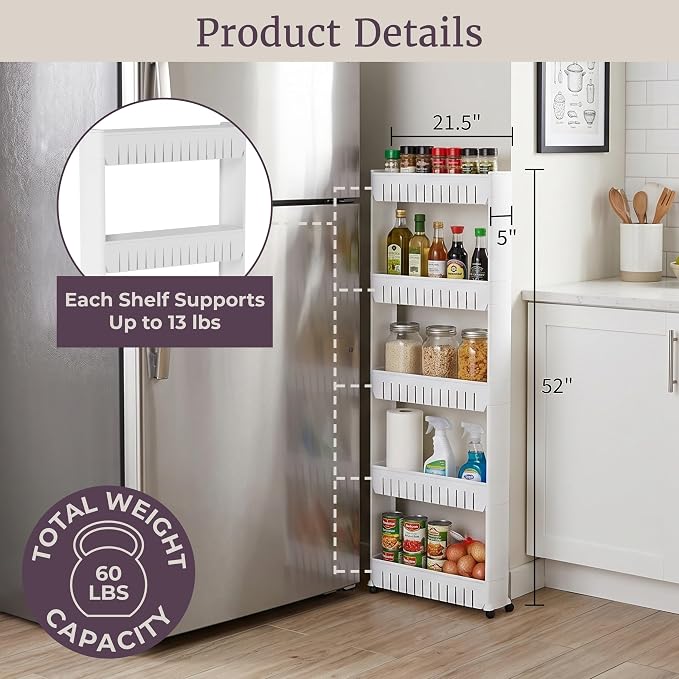 Lavish Home Slim Rolling Storage Cart, White, 21.5” x 5” x 52” - Image 4