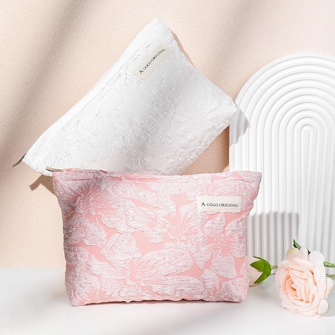 SOIDRAM 2 Pieces Flower Makeup Bag Large Floral Cosmetic Bag Capacity Canvas Travel Toiletry Bag Organizer Cute Makeup Brushes Aesthetic Accessories Storage Bag for Women, Flower L White Pink - Image 6
