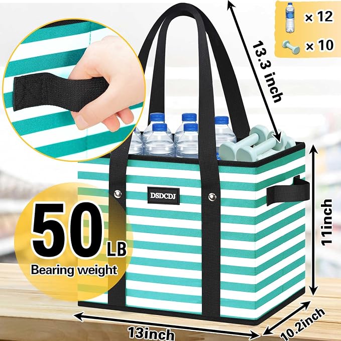Reusable Grocery Bags 3 Pack - Heavy Duty Reusable Shopping Bags with Hard Bottom & Long Handles, Foldable Utility Tote Bag with Box Shape to Stand Up, 13x10.23x11in, Stripe Green - Image 2