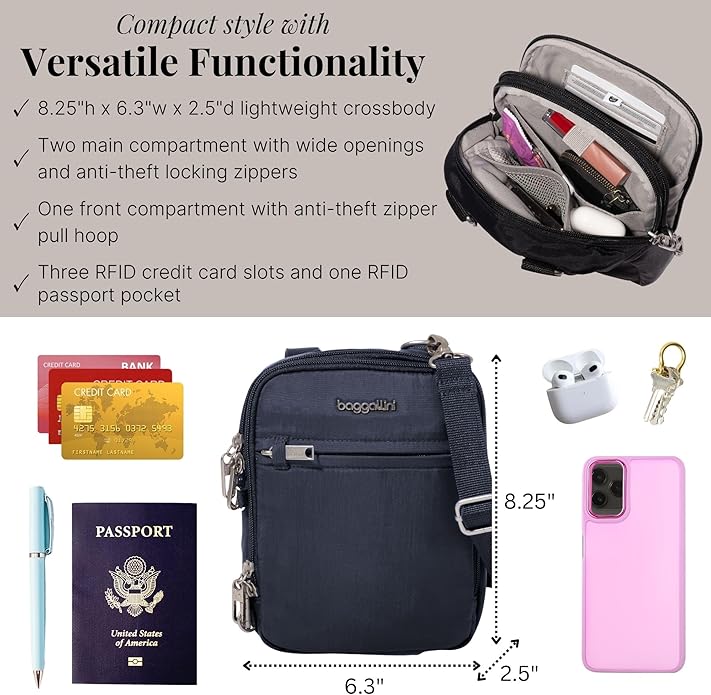 Baggallini Securtex® Anti-theft Mini Everything Crossbody Bag, 6.3"x8.25" Rfid, Locking Zippers & Cut-resistant Strap - Image 4