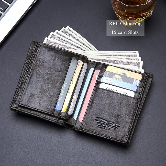 BULLCAPTAIN Large Capacity Genuine Leather Wallet for Men QB-027 | Bifold Wallet,RFID Blocking,Credit Card Holder,15 Card Slots,Special Expandable Design,gift choice - Image 4
