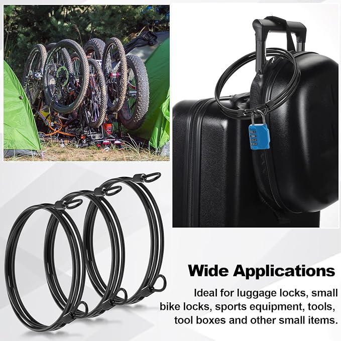 12 Pack Security Cable Luggage Lock with Loops 4 ft 3mm Braided Steel Coated Bike Cable Wire Double Loop Anti Theft Safety for U Lock, Padlock and Disc(Black) - Image 3