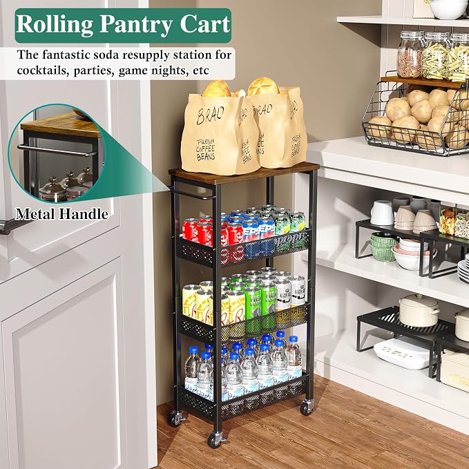 OKZEST 4-Tier Slim Rolling Storage Cart for Bathroom, Laundry Room, Kitchen | Upgraded metal hub casters, Narrow utility cart for small space/gaps, Premium wood top & metal mesh shelf, with handle & hook - Image 8