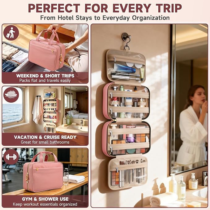 Travel Toiletry Bag for Women, Hanging Makeup Organizer Clear Pockets | Large Hanging Travel Organizer with Compartments, Front Pocket, Fits Full-Size Skincare, Makeup & Toiletries (Pink, Medium) - Image 6