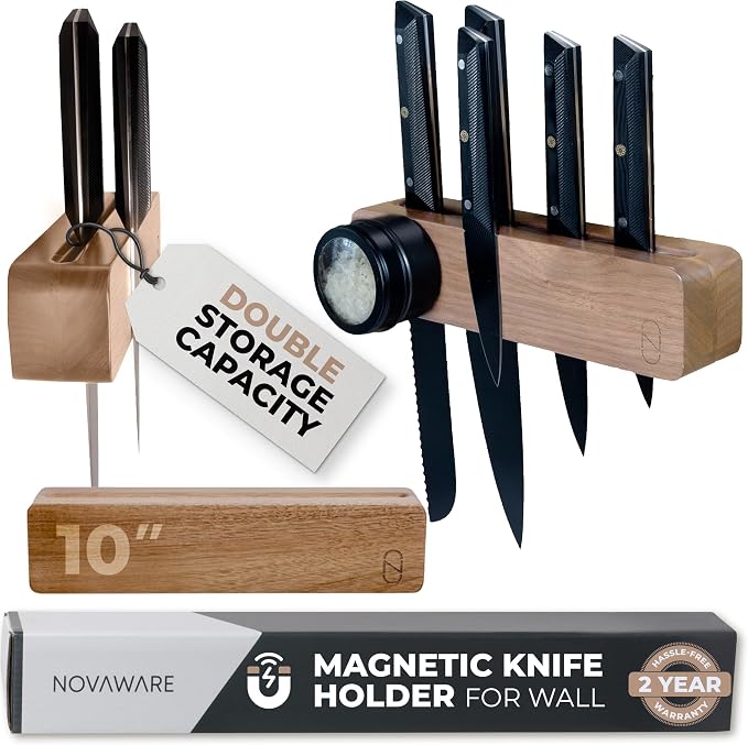 Premium 10 inch Magnetic Knife Holder for Wall with 2x Storage & Charming Wood - Knife Magnetic Strip, Under Cabinet Magnet Knives Storage - Magnet Strip Rack Kitchen Utensil Holder Organizer Tool by NOVAWARE