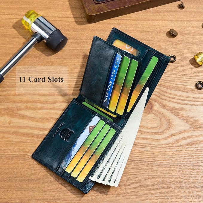 BULLCAPTAIN RFID Wallets for Men,Genuine Leather Wallet QB-05(Peacock Blue) | Slim,Bifold,Front Pocket Wallet, 2 ID Windows,11 Card Slots,RFID Blocking Technology,Gift Choice - Image 4