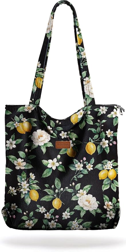 Aesthetic Corduroy Tote Bag with Zipper for Women | Reusable, Fits 14 Inch Laptop, Inner Pocket, double-sided print, Lightweight by VelvetHue