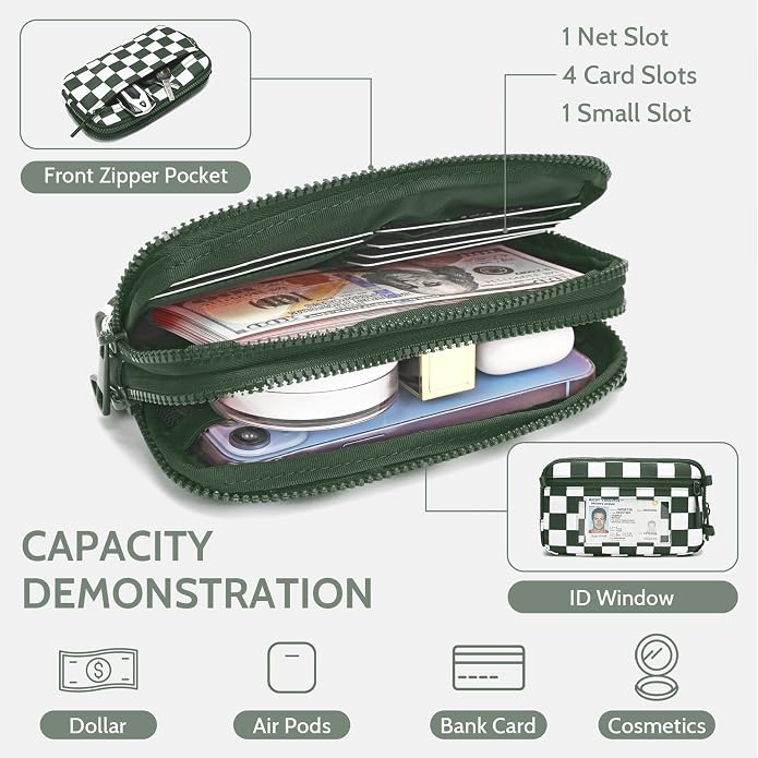 FODOKO Wristlet wallets for Women RFID crossbody bags with 4 Zippers | Checkered quilted nylon with credit card slots, cell phone organizer, and coin purse for travel and everyday carry - Image 4