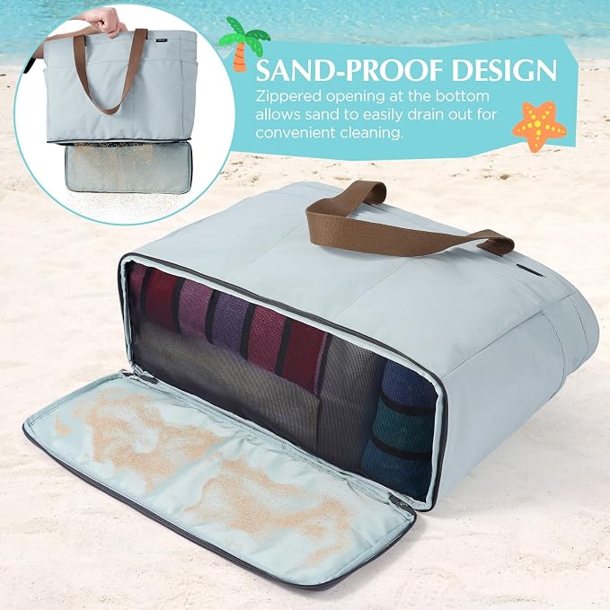 GAGAKU XL Beach Bag with Zipper & Cooler Pockets | Sand-Proof Foldable Large Tote Bag for Cruise, Travel, Family, Women - Image 5