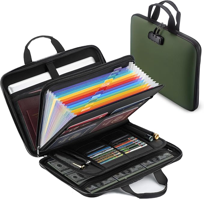 facka Fireproof Document Box with Lock, Hard-Shell Safe File Organizer | 13-Pocket Accordion Folder for Important & Legal Documents, Laptop, Passport, Cards & Valuables, Home Office Travel Green by Facka